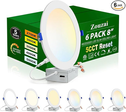 zouzai 8 Inch Ultra-Thin LED Recessed Ceiling Light with Junction Box, 18W (150W Eqv), 1620LM, Dimmable 5CCT 2700K/3000K/3500K/4000K/5000K Selectable, ETL & Energy Star Certified【6 Pack】