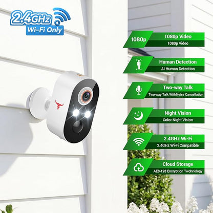 1080P Wireless Security Camera Outdoor, Battery Powered, 2.4G WiFi, Motion Detection, 2-Way Audio, Cloud Storage, Full Color Night Vision for Home Security