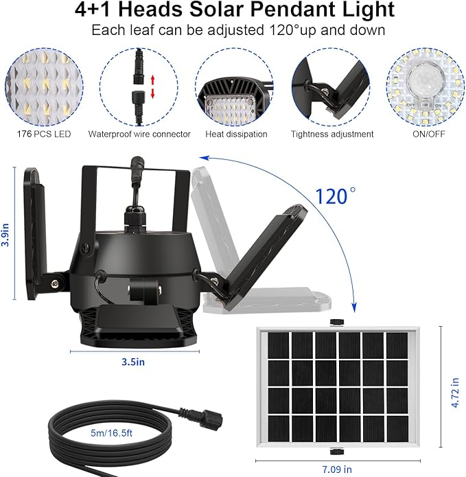 Auzev Solar Shed Light Indoor Outdoor Upgrade 176 LED 4 and 1 Heads Solar Powered Motion Sensor Pandent Daytime Work Lights with 4 Modes Remote Control Security lamp for Garage Gazebo Barn (2 Pack)