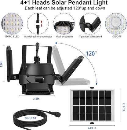Auzev Solar Shed Light Indoor Outdoor Upgrade 176 LED 4 and 1 Heads Solar Powered Motion Sensor Pandent Daytime Work Lights with 4 Modes Remote Control Security lamp for Garage Gazebo Barn