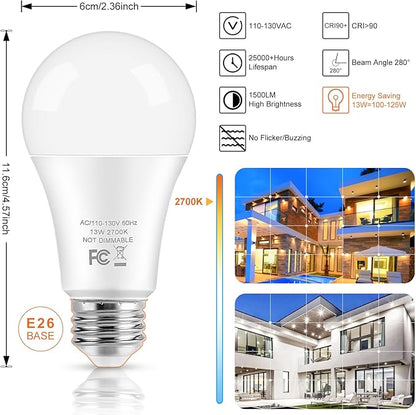 LED Light Bulbs, 100 Watt Equivalent A19 LED Bulbs, 13W 2700K Warm White 1500 Lumens Non-Dimmable Bright E26 Edison Medium Screw Bulbs for Home Bedroom Kitchen Living Room Office Lamp, 4-Pack