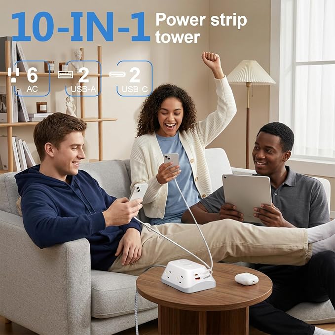 Surge Protector Outlet Extender, 6 Outlet Splitter with 4 USB Ports (2 USB C), 4 Sided 1050 J Multi Plug Wall Adapter Power Strip for Home Office Kitchen Travel