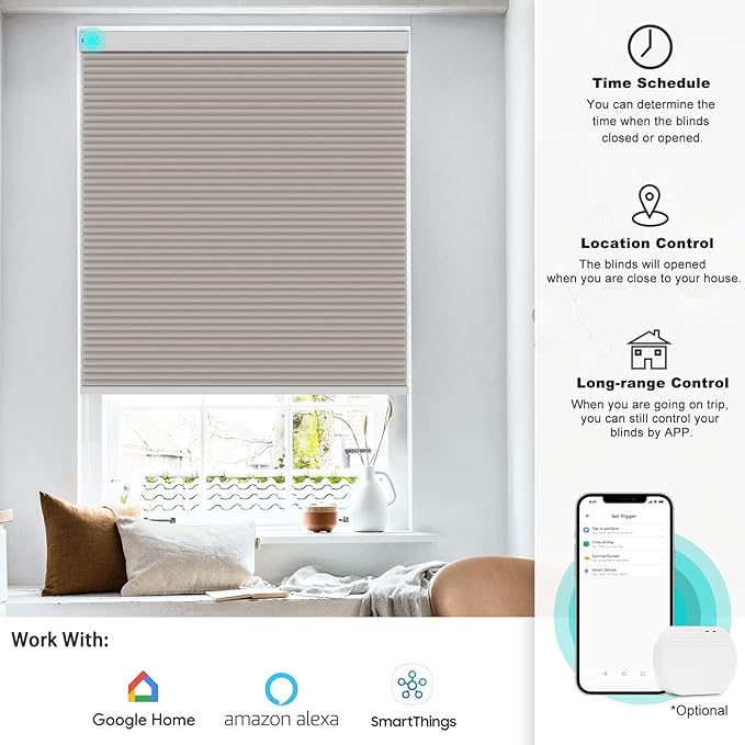 Changshade Motorized Blackout Cellular Shades for Indoor Windows Smart Blinds Automatic Electric Power with Remote Control, Custom Size Honeycomb Blind Compatible with Alexa, Google Home, Beige