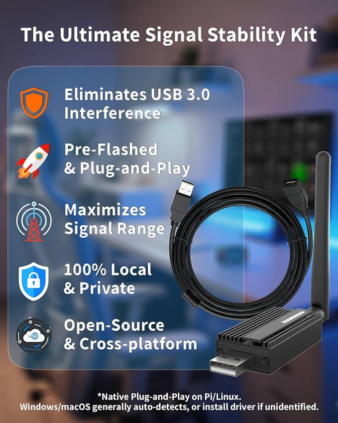 Zigbee 3.0 USB Dongle Plus-E (ZBDongle-E) Kit with 1.5m Shielded Extension Cable | Solves USB 3.0 Interference | EFR32MG21 Coordinator +20dBm for Home Assistant (ZHA), Zigbee2MQTT & Local Hub
