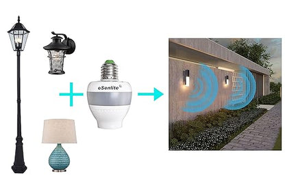 Smart Radar Motion Sensor Light Socket Adapter – E26/E27 Screw-in Add-On, Dusk-to-Dawn, Invisible Radar Through Glass-Wall, Works with LED CFL Incandescent Bulbs （1-Pack）
