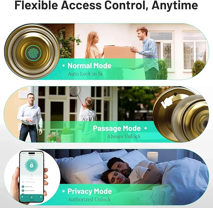 UMIKSMART Fingerprint Door Knob Lock, Smart Keyless Entry Door Knob with Tuya App Control & Auto-Lock, Backup Key, Easy Install for Home, Apartment, Office, Bronze