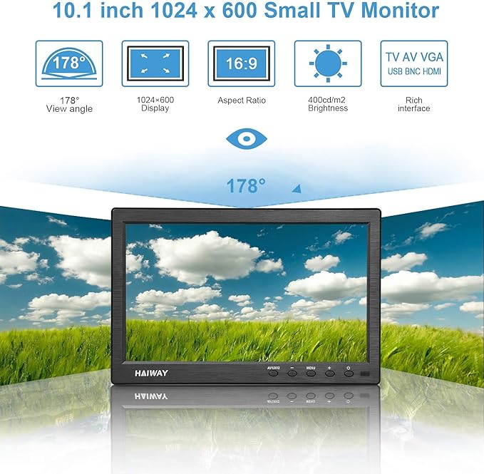 Haiway 10.1 inch Security Monitor, 1024x600 Resolution Small HDMI Monitor Small Computer Monitors with Remote Control with Built-in Dual Speakers HDMI VGA BNC Input for Gaming CCTV Raspberry Pi PC