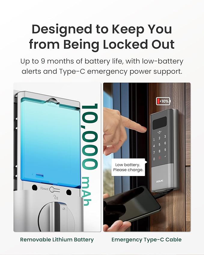 DESLOC K140Plus Smart Door Lock with Palm Vein Recognition, Keyless Entry Door Lock with Keypad Deadbolt, App Control, Auto Lock Digital Door Lock for Front Door with Mechanical Key Backup, Silver