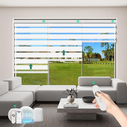 Motorized Zebra Blinds with Remote [Dual Layer + Light Filtering] 90% Blackout Smart Shades for Indoor Windows, Alexa Google and HomeKit Compatible, Customized Size, Shadow Slate