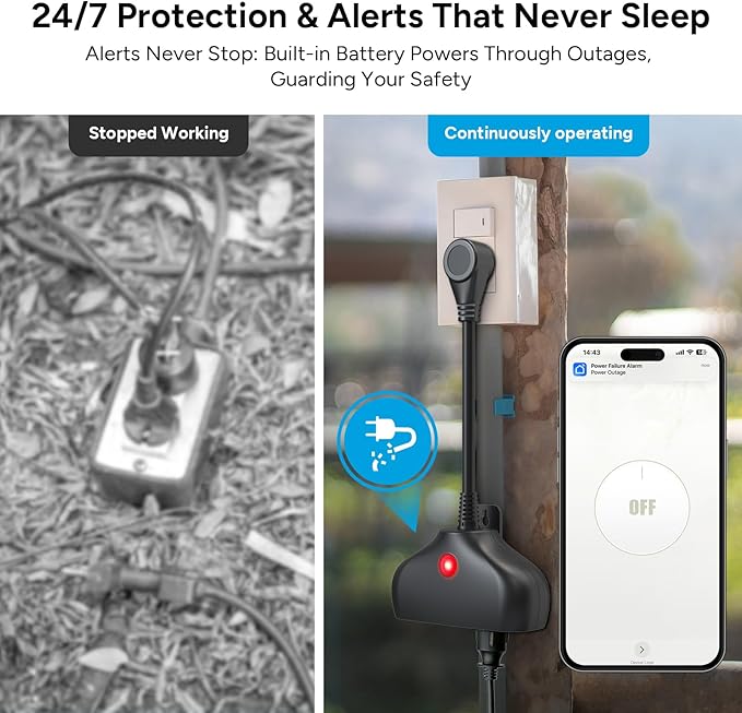 WiFi Power Failure Alarm, Smart App Alerts & 110dB Siren & Indoor / Outdoor Use for Freezer, Sump Pump, Aquarium, Greenhouse, Pond Pump
