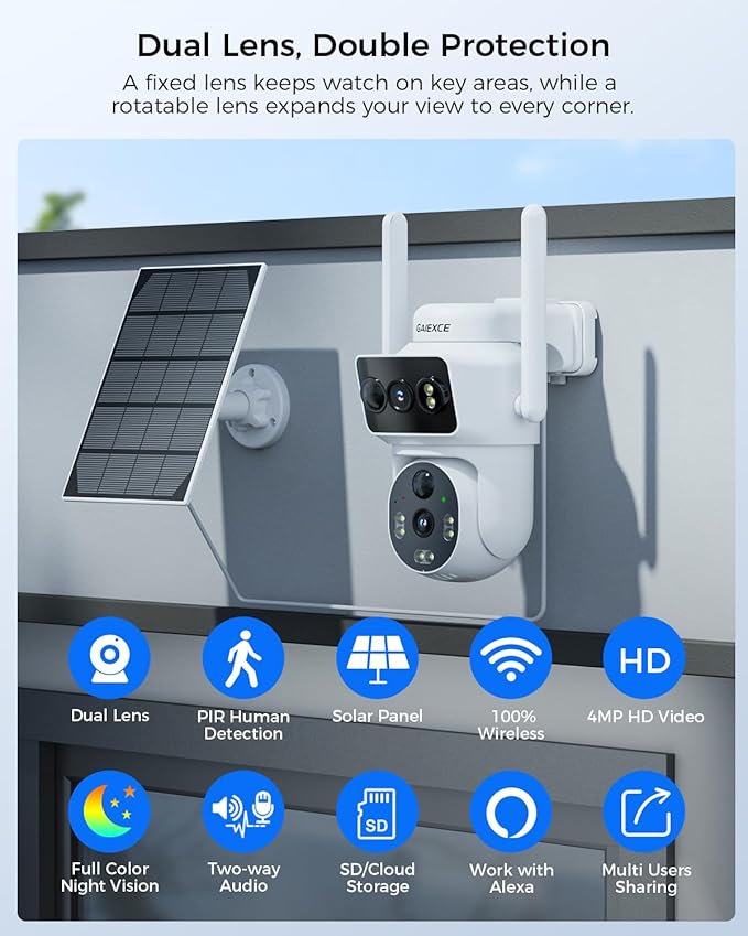 Solar Dual Lens Security Cameras Wireless Outdoor, Home Dual Lens Security Camera System, No Subscription, 2.4G & 5G WiFi 4MP Night Vision, 64G SD Local Recording Expandable to 10CH