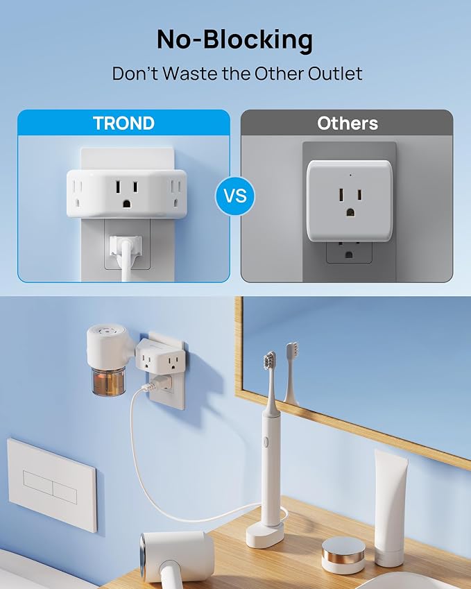 TROND Outlet Extender 3 Pack, ETL Listed Multi Plug Wall Outlet, White | 3-Prong Grounded Wall Splitter, 3 Way Angled Plug Adapter, Cruise Ship Essentials, Multiple Expander for Bathroom Kitchen