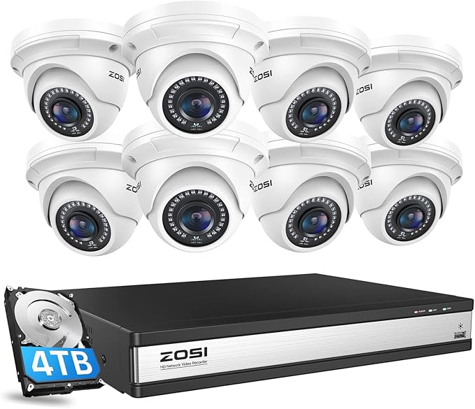 ZOSI 16CH 4K PoE Security Camera System, H.265+ 16 Channel 8MP NVR with 4TB HDD, 8pcs Wired 5MP Outdoor Indoor PoE IP Dome Cameras, Night Vision, Motion Alert, Remote Access, for 24/7 Recording
