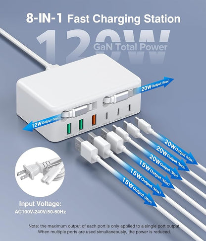 2026 Latest USB C Charger Block, 8 in 1 GaN Retractable Charger Station Hub with Lightening & Type C Cable, 120W Travel Essential Multi USB C Power Strip Plug for iPhone 17 16 15 Pro Max iPad Galaxy