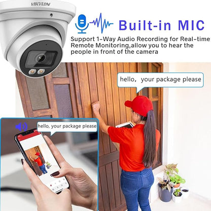 VIKYLIN 4MP Full Color Night Vision Security IP POE Camera Outdoor with AI Human & Vehicle Detection,Active Deterrence, Built-in Microphone,SD Card Slot (256GB),IP67,2.8mm Lens 129° FOV, 4MP@30fps