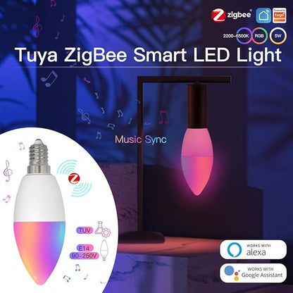 Smart Light Bulbs, LED Light Bulb E14 Candle Lamp Smart 5W RGBCCT 2200-6500K Dimmable Light Tuya Alexa Google Voice Control