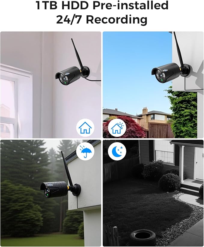 Hiseeu Home Security Camera System, 24/7 Recording Wired Plug-in Powered 4Pcs 5MP Outdoor Cameras, 10.1" LCD 16CH 8MP NVR&Monitor, One-Way Audio, Motion Detection, 1TB HDD, 2.4G/5G Wireless WiFi Pro