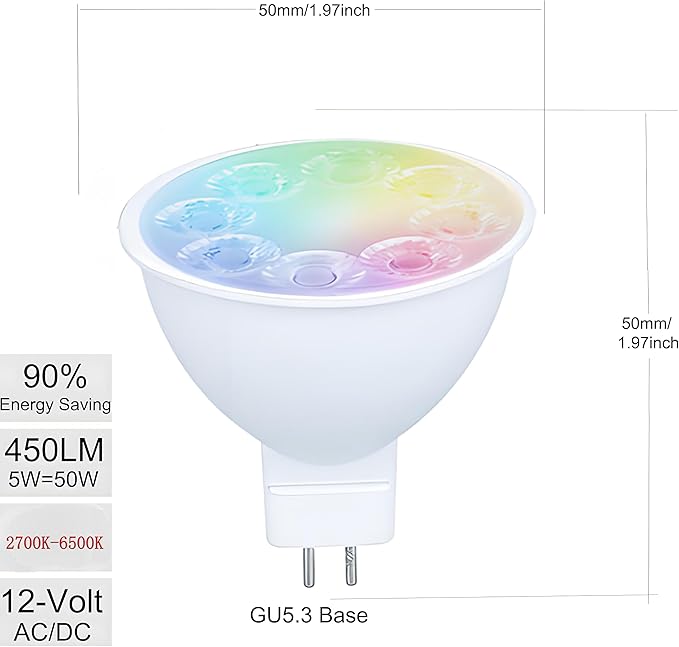 Smart MR16 LED Bulb Dimmable Color Changing, 12V Gu5.3 Bi-pin Base, WiFi & Bluetooth LED Bulbs Work with Alexa Google, Color Changing Sync with Music, for Living Room, Bedroom, Office,Hotel etc. 4Pack