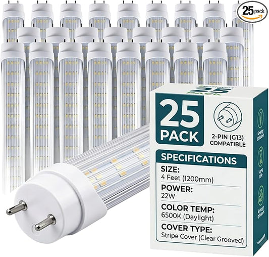 T8 4FT LED Type A+B Light Bulbs, 22W 6500K, 3200LM, Plug and Play or Ballast Bypass, Replacement for Fluorescent Fixtures, Clear, Dual Ended Power(25-Pack)