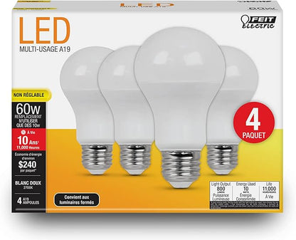 Feit Electric A19 LED Light Bulbs, 60W Equivalent, Non-Dimmable, 800 Lumens, E26 Standard Base, 2700k Soft White, 80 CRI, 10 Year Lifetime, Energy Efficient, 4 Pack, A800/827/10KLED/4
