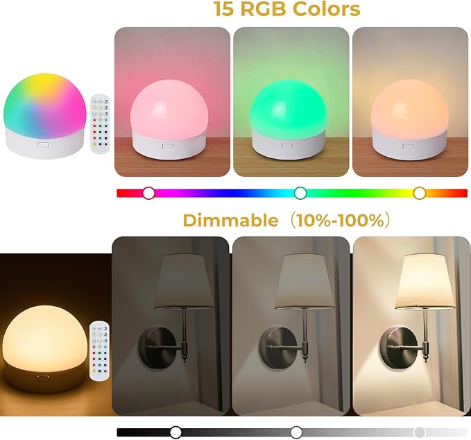 Rechargeable Light Bulb with Remote and Timer Rechargeable Magnetic Bulbs for Sconces and Lamps E26 Battery Light Bulb 3 Color Temperatures,15 RGB Colors,2 Pack