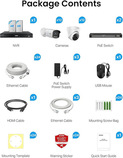 ZOSI 32CH 4K PoE Security Camera System,24 x 8MP Full Color Night Vision Outdoor PoE Cameras,Person Vehicle Detection,Spotlight Siren,2 Way Audio,32CH Surveillance NVR with 8TB HDD for 24/7 Recording