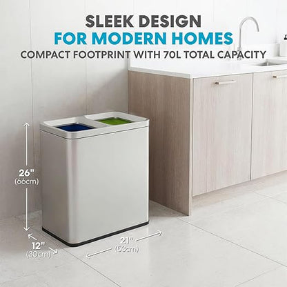 Simpli-Magic 70 Liter / 18.5 Gallon Rectangular Open Top Dual Compartment Recycling Trash Can, Stainless Steel (40L x 30L Capacity) Ideal for Restaurants, Coffee Shops, Gym and Households, 79655