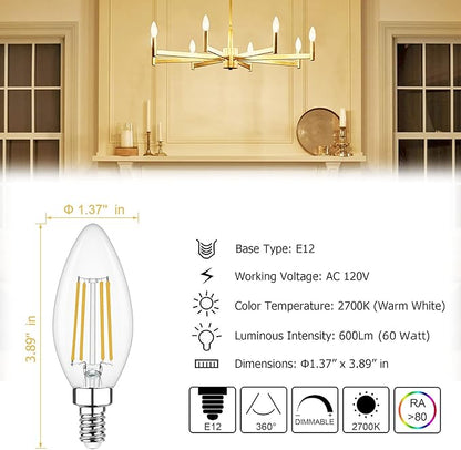 Cotanic Dimmable Candelabra LED Bulb 2700K Warm White,E12 Base Ceiling Fan Light Bulb 60W Equivalent, Type B Light Bulb with Candle Shape,C35 Filament Chandelier Light Bulb Clear Glass,600LM,24 Pack