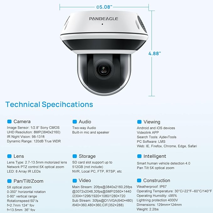 PANOEAGLE 4K 8MP Dome PTZ Camera Outdoor, 2.7~13.5mm Motorized Lens with 5X Optical Zoom,AI Motion Detection, Two Way Audio＆IR Night Vision, 512GB SD Slot, IP67,Compatible with Uniview, Blue Iris