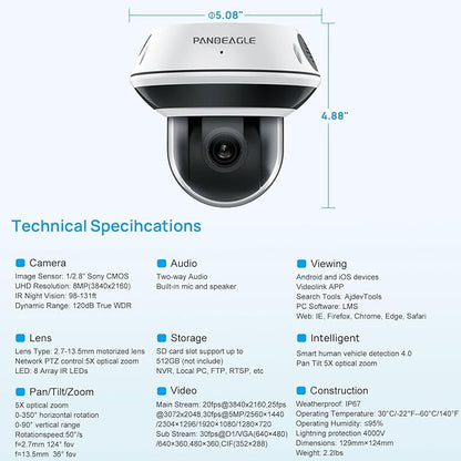 PANOEAGLE 4K 8MP Dome PTZ Camera Outdoor, 2.7~13.5mm Motorized Lens with 5X Optical Zoom,AI Motion Detection, Two Way Audio＆IR Night Vision, 512GB SD Slot, IP67,Compatible with Uniview, Blue Iris