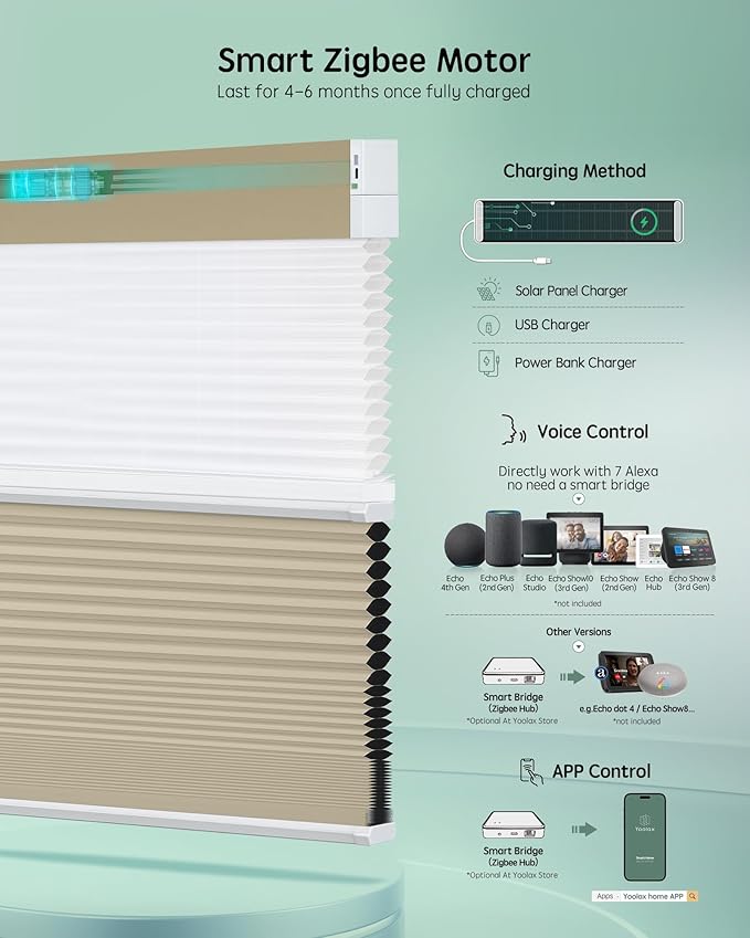 Yoolax Smart Motorized Day and Night Cellular Shades with Remote, Top Down Bottom Up Blinds Compatible with Alexa, Blackout and Light Filtering Honeycomb Blinds (Khaki)