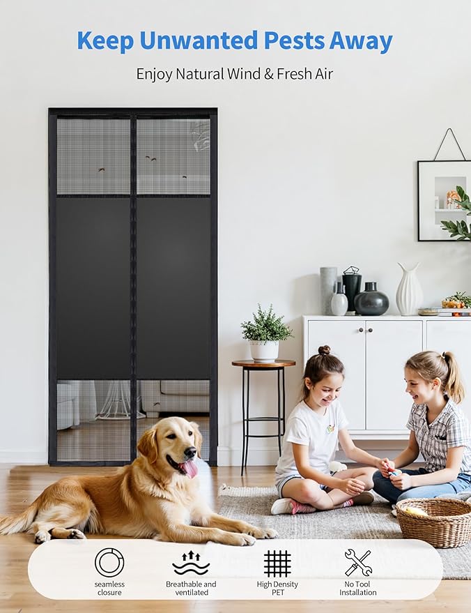 Magnetic Screen Door with Privacy Protection, PET Mesh Screen Fit for Door Size 32x80 Inch (Curtain Size 34x81 Inch), Pet Friendly Screen Curatin for Doorway to Keeps Bugs Out
