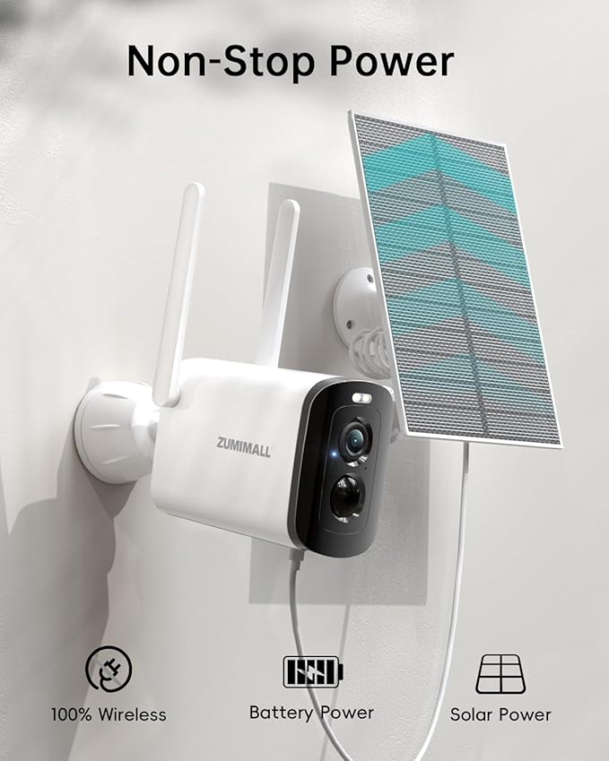 ZUMIMALL Solar Security Cameras Wireless Outdoor, 2K Camera for Home Security, Front Door, Yard & Garage, No Wiring, Color Night Vision, 2.4GHz WiFi, 2-Way Talk, Spotlight & Siren, IP66/Alexa/Cloud