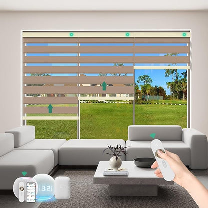 Motorized Zebra Blinds with Remote [Dual Layer + Light Filtering] 95% Blackout Smart Shades for Indoor Windows, Alexa Google and HomeKit Compatible, Customized Size, Equinox Copper
