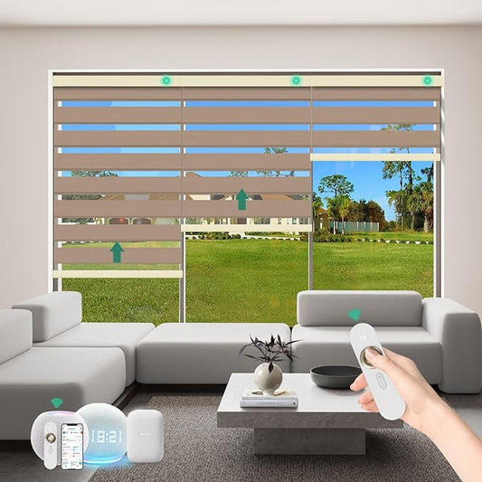 Motorized Zebra Blinds with Remote [Dual Layer + Light Filtering] 95% Blackout Smart Shades for Indoor Windows, Alexa Google and HomeKit Compatible, Customized Size, Equinox Copper