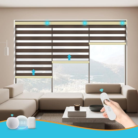 Motorized Zebra Blinds with Remote Smart Blind Work with Homekit Alexa SmartThings Electric Day and Night Shade Cordless Automatic Solar Powered Window Shade Customize(Wooden Texture Brown)