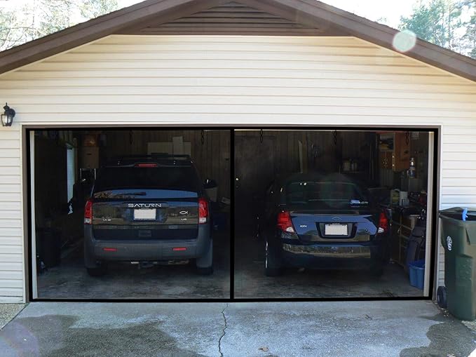 Garage Door Screen - 2 Car 14x7Ft Magnetic Closure Heavy Duty Weighted Bottom Screen Self Sealing Fiberglass Mesh Retractable Net - Easy Assembly & Pass-Through(Black)