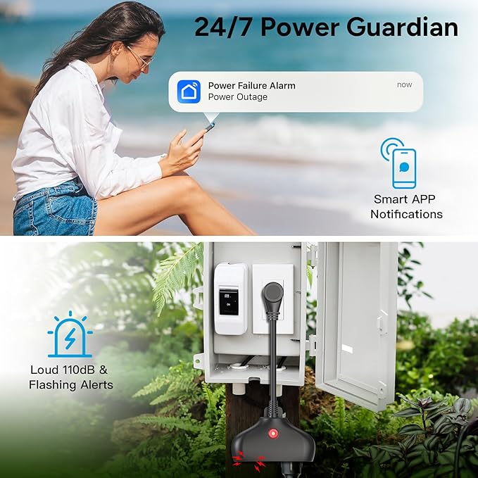 WiFi Power Failure Alarm, Smart App Alerts & 110dB Siren & Indoor / Outdoor Use for Freezer, Sump Pump, Aquarium, Greenhouse, Pond Pump