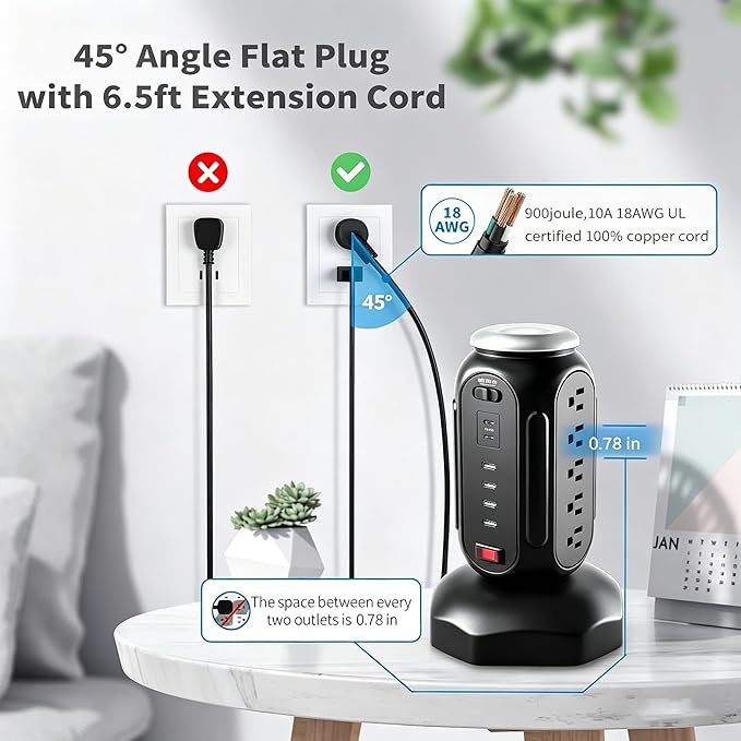 Power Tower with Retractable Cord, Surge Protector Tower with PD 30W USB-C (Single Port 30W/2 Ports 15W Each), 15 AC Outlets, 6.5ft Flat Plug, High-Power Fast Charging Station for Home and Office