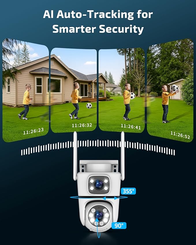 OHWOAI Dual View Wireless Outdoor Security Camera, 2.4G/5G WiFi PTZ Surveillance Cameras with Color Night Vision for Home Security
