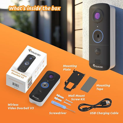 TOUCAN Wireless Video Doorbell V3D – Battery Powered Smart Doorbell Camera, HD Wide Angle, Motion Detection, 2-Way Audio, Night Vision, Easy Install, No Subscription Required, (No Chime)