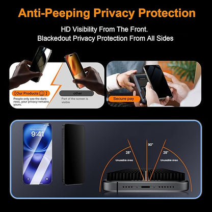 OneFish Privacy Screen Protector for iphone 15 Pro Max, Anti-Spy Tempered Glass Private, Edge Protection Screen Protector with Installation Frame, 9H Glass Scratch Resistant, 2Pack