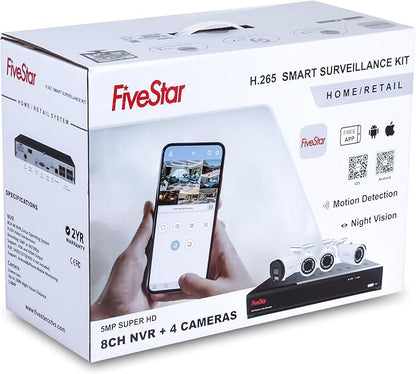 Five Star 4K Professional Security Metal Case Camera System, 1pc H.265+ 5MP Smart Detection AI Camera & 3pcs 5MP PoE Security Cameras Wired with 4K 8CH NVR with 2TB HDD for 24-7 Recording
