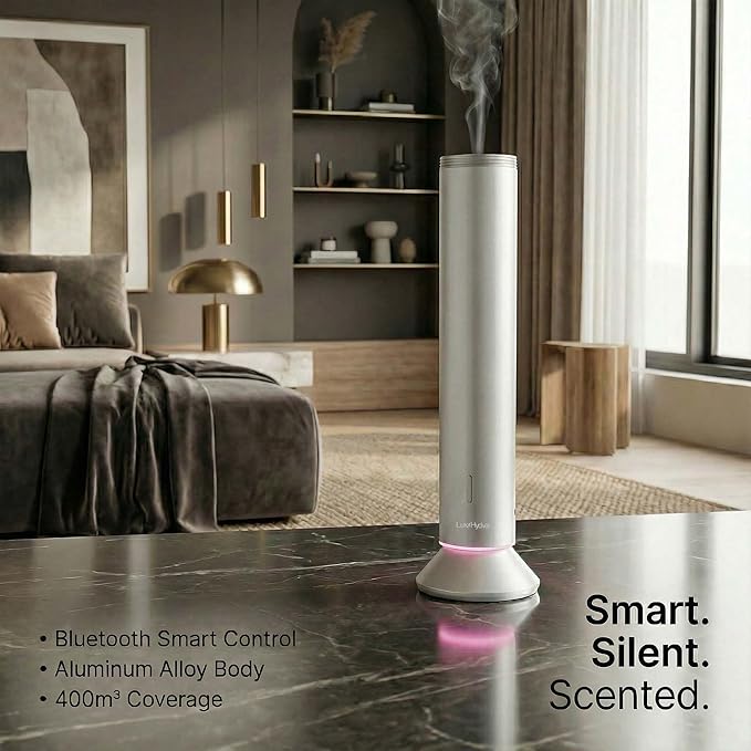 Waterless Essential Oil Diffuser: Smart App & Remote Control, 4000 Sq Ft Coverage, Quiet Aroma Diffuser for Large Room Home Hotel Office, Up to 20H Runtime, 360° Light & Time (Silver, Cylindrical)