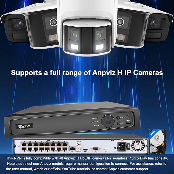 Anpviz AI 12MP 16CH POE NVR (12MP/8MP/6MP/5MP/4MP) Smart AI POE Network Video Recorder - Supports up to 16x 12MP/4K IP Cameras, 16-Channel Power Over Ethernet Pre-installed 4TB HDD NVR7616Q2-16P-A-4TB