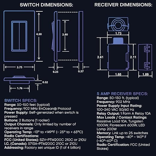 RunLessWire 3-Way Fan & Light Battery-Free DIY Kinetic Wireless Light Switch Kit for Bathrooms & Ceiling Fans: 2 Dual Remote Switches, Both Control 2 5A On/Off Receivers Separately Black