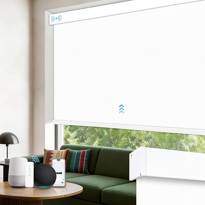 Motorized Roller Blinds with Remote, Cordless Automatic Smart Blackout Blinds, Motorized Roller Shades for Indoor Windows, Compatible with Alexa Google (Fabric White, 28" W x 72" H)
