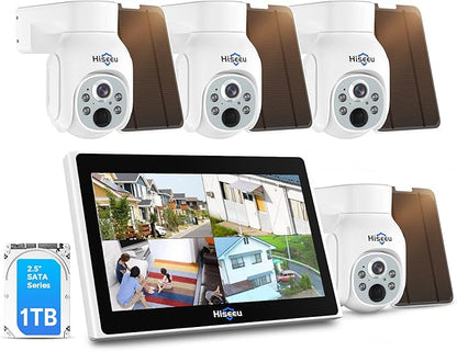 Hiseeu Solar Security Camera Outdoor, 4PCS 4MP Wireless Security Camera System with 10in LCD, 2-Way Audio, PT 360°, Night Vision, Motion Detection, 2.4G WiFi, No Subscription fee