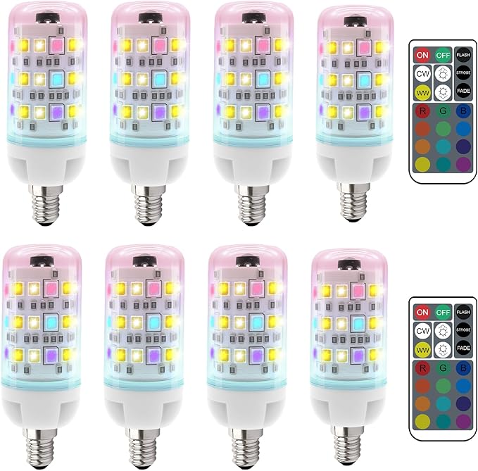 XRise E12 Color Changing Bulb with Remote Control, Dimmable 12 Colors+3000K+6000K, 2W LED E12 Candelabra Bulb 20W Incandescent Replacement, Memory Function, No Flicker, for Mooding Lighting, 8PACK