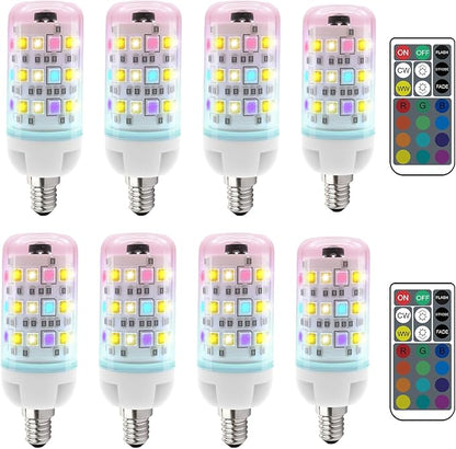 XRise E12 Color Changing Bulb with Remote Control, Dimmable 12 Colors+3000K+6000K, 2W LED E12 Candelabra Bulb 20W Incandescent Replacement, Memory Function, No Flicker, for Mooding Lighting, 8PACK